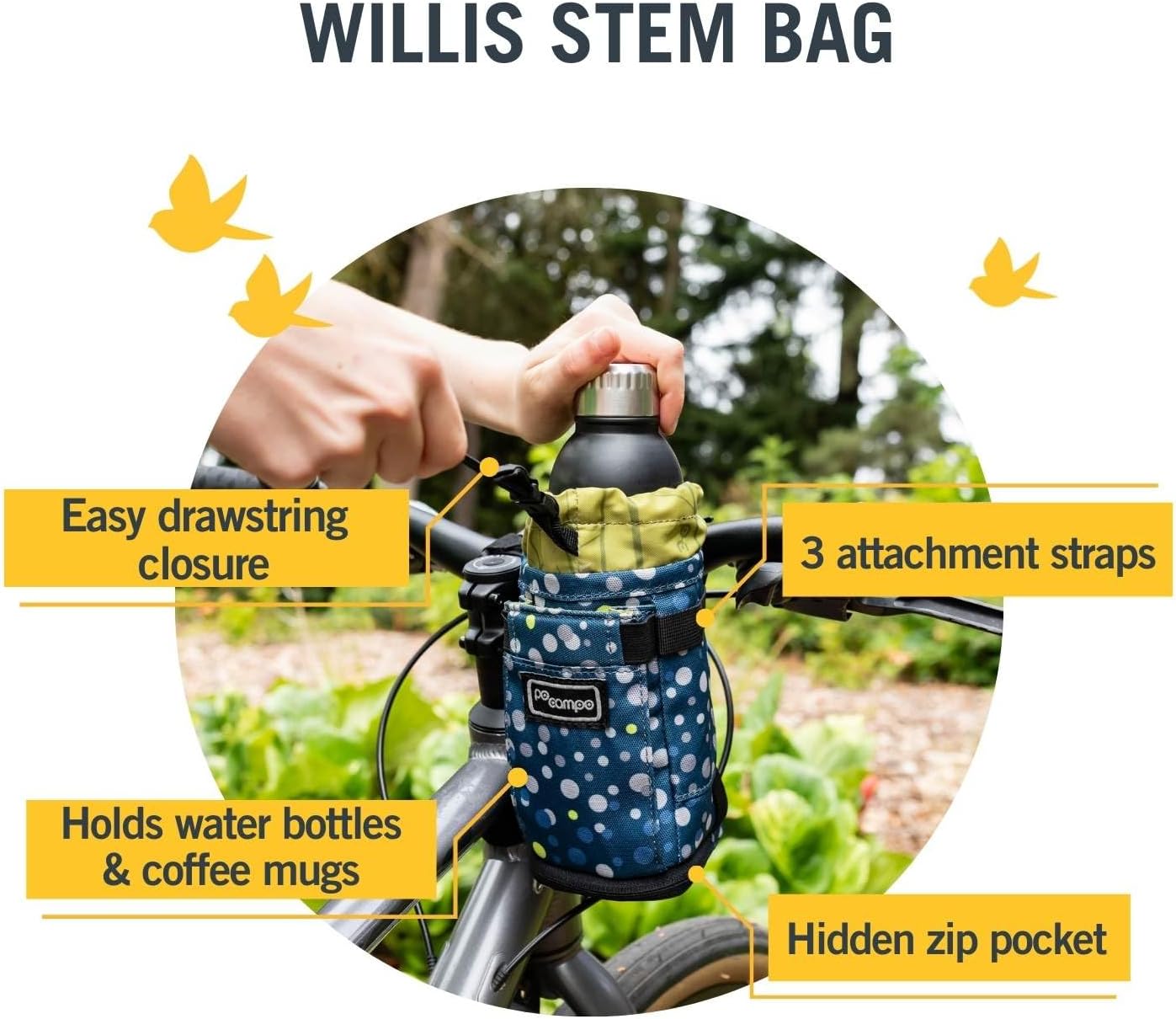 Po Campo Bags Bike Accessories – Willis Stem Bag – Bicycle Stem Pouch for Bike Handlebar Bag – Drawstring Feed Bag for Cycling and Bikepacking (Meadow)