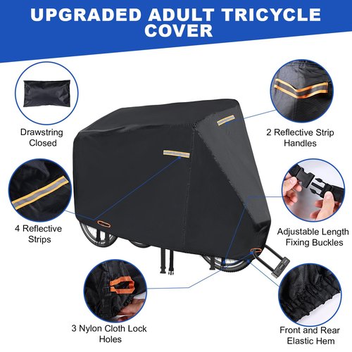 Tricycle Cover for Adult Bike,420D Heavy Duty Electric Trike Covers Waterproof Outdoor with 3 Wheel Lock Holes,Waterproof Strip,3 Windproof Buckles,Accessories Fit for Various 3 Wheel Bike Types