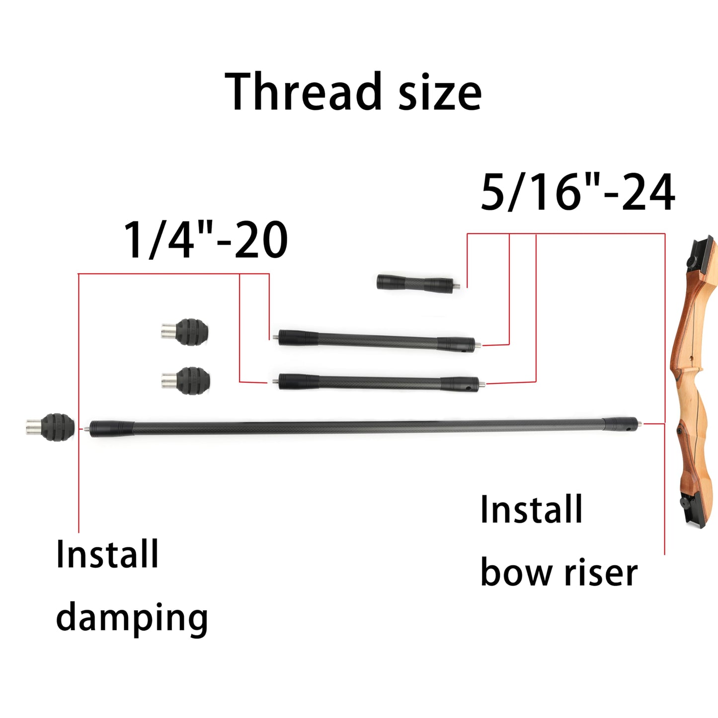 AMEYXGS Archery Bow Stabilizer Set 4/5/10/12/28/30 inch 3k Carbon Bow Balance Bar with Stabilizer Rubber and Weights for Recurve Bow and Compound Bow (40° V bar, Black, 1x 30 inch,2X 12inch,1x 5inch)