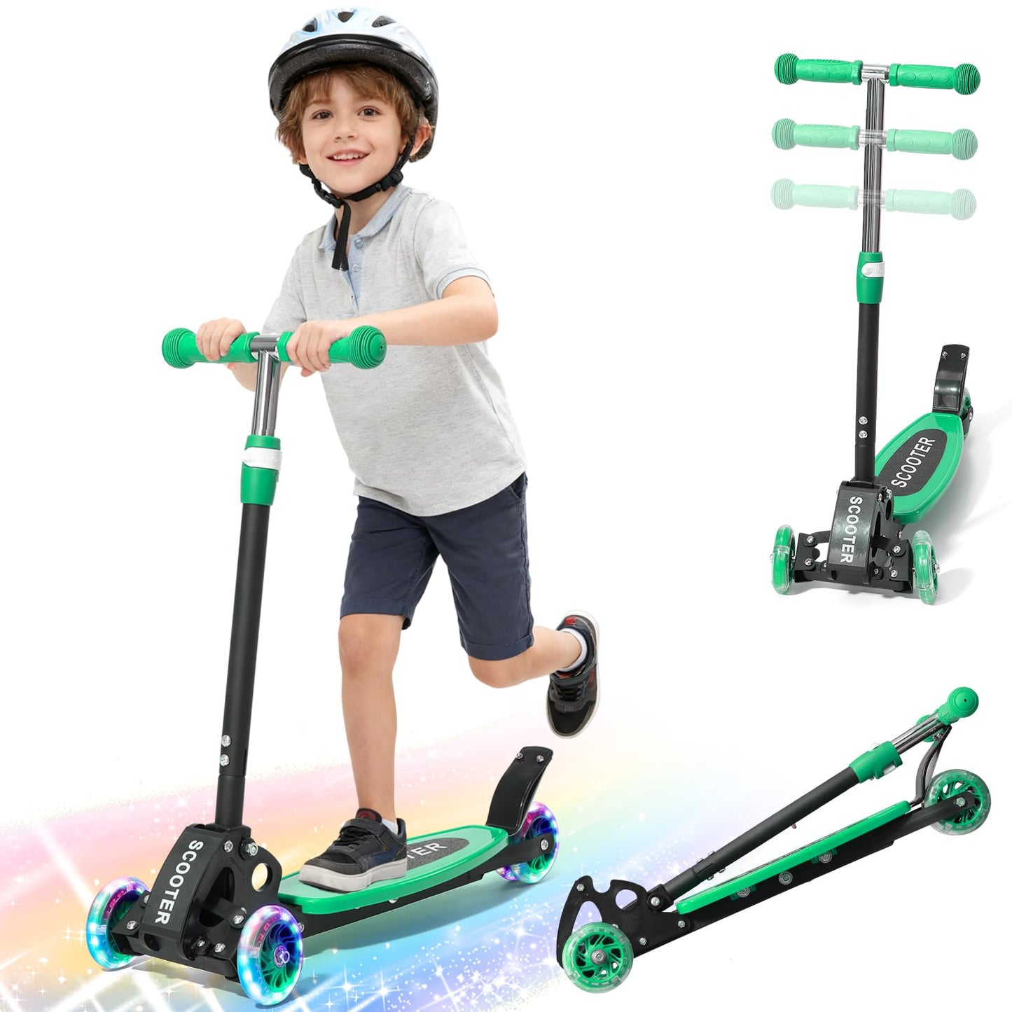 Kids Kick Scooter - LED Light Up 3 Wheel Kick Scooter for Kids 3-5, Adjustable Handlebar Height, Long Anti-Slip Deck,Heavy Duty Metal Scooters for Boys Girls Ages 3-5 5-7, up to 150 Lbs