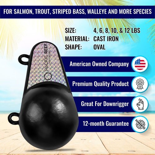PacificReef® Downrigger Weight Oval w/Fin Coated Ball [4lbs, 6lbs, 8lbs, 10lbs, 12lbs] - Sinker for Downriggers Weight Pancake Oval Canon Ball with Protective Vinyl Coating for Salmon (8 lbs)
