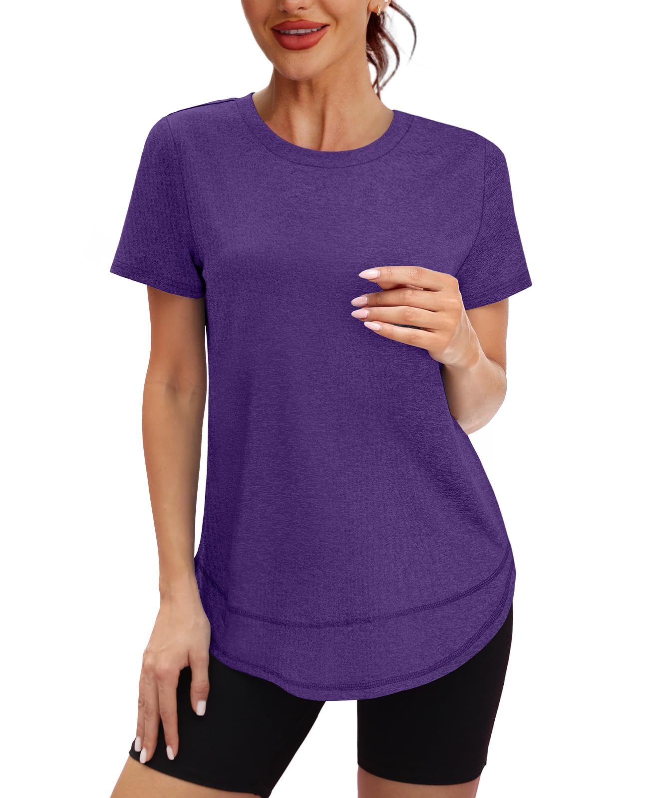 Workout Tops for Women Spring Summer Short Sleeve Golf Outfits Gym Essentials Activewear Running Shirts Purple S