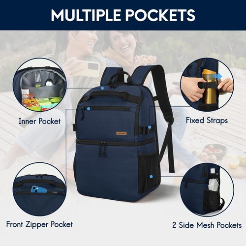 Haimont Insulated Backpack Cooler Dual Compartment for Men Women, 30 Cans Soft Leakproof Double Deck Cooler Lunch Back Pack for Picnic, Camping, Hiking, Navy Blue