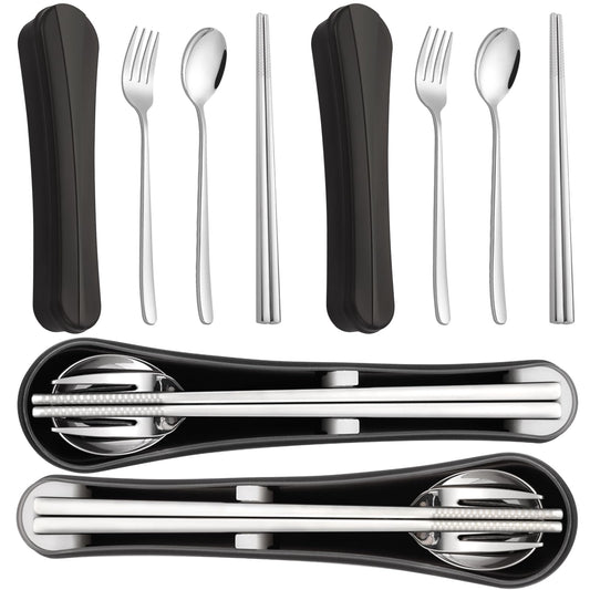 2 Pack Travel Utensils with Case, PHILIPALA Portable Reusable Silverware Set for Lunch Work Picnic, 18/8 Stainless Steel Camping Cutlery Set Includes Fork Spoon Chopsticks(Silver)