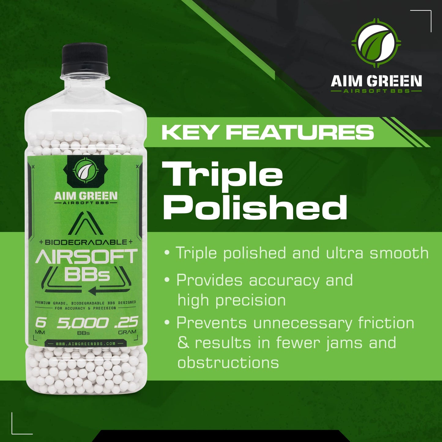 Aim Green Biodegradable Airsoft BBS, Premium-Grade 6mm Airsoft BBS, 20g, 25g, 32g, 36g, 40g, 2,500, 5,000, 10,000 Count