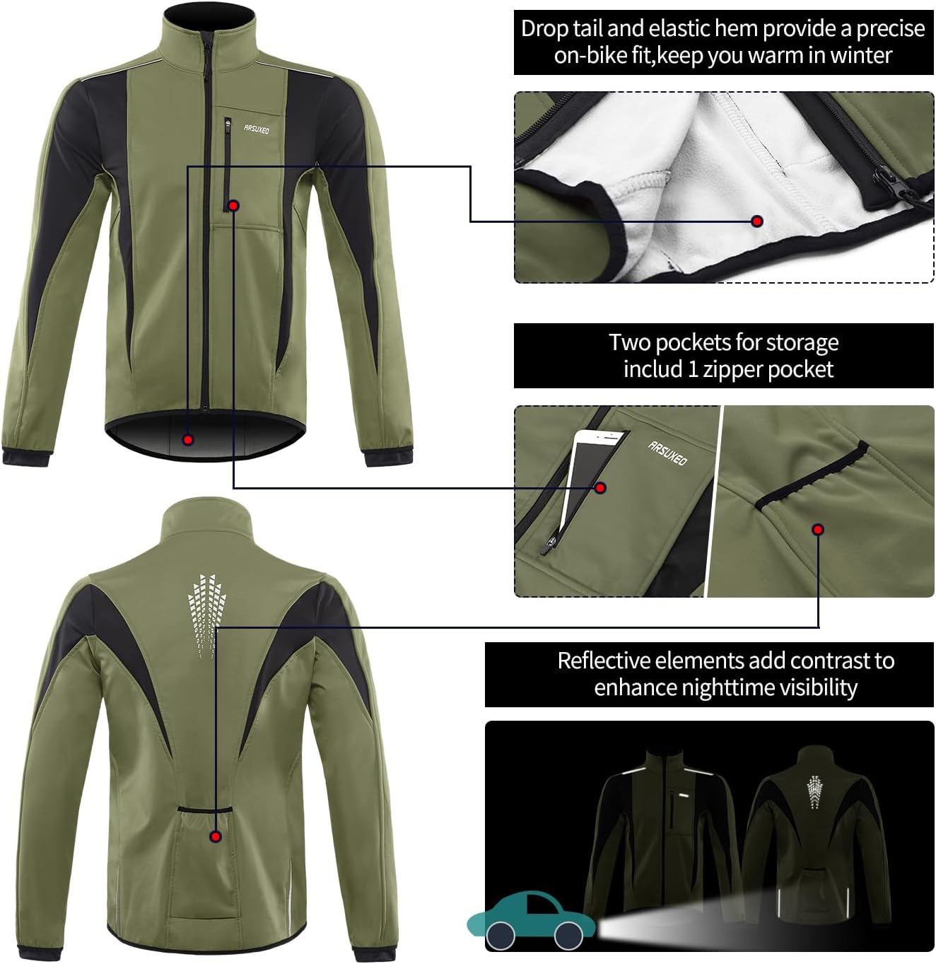 ARSUXEO Winter Warm UP Thermal Softshell Cycling Jacket Windproof Waterproof 15-k