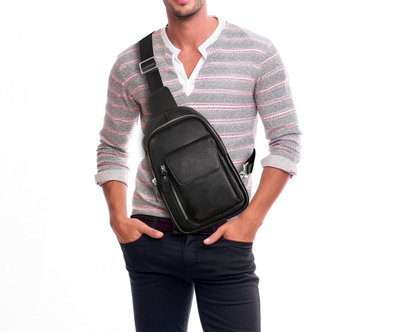 JMW Sling Bag for Men and Women Genuine Leather Crossbody Fanny Packs Chest Bag Backpack Daypack Black