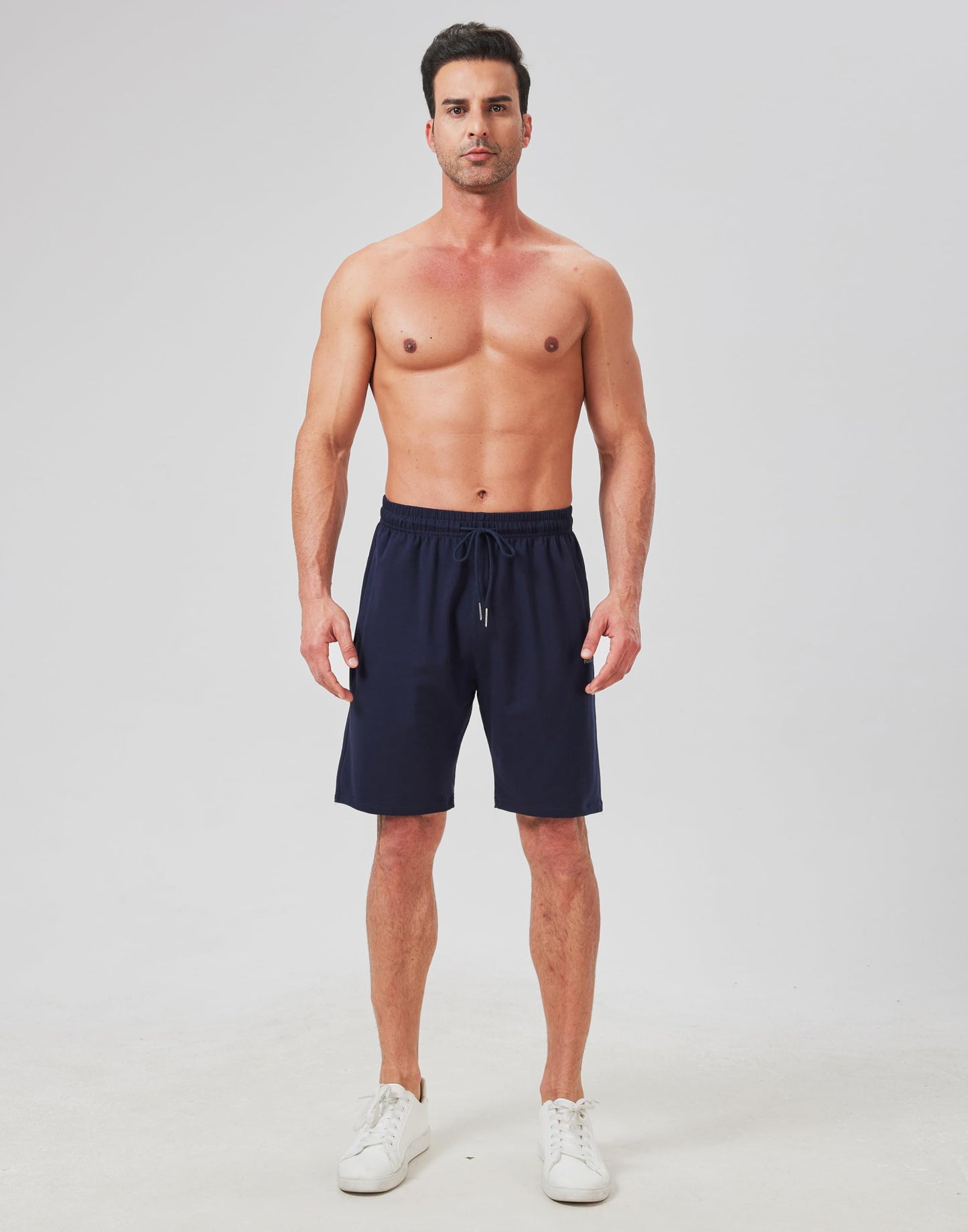 Rancoto Mens Cotton Shorts Sweat Athletic Shorts for Men, Lounge, Gym, Yoga, Workout with Zipper Pockets Navy L