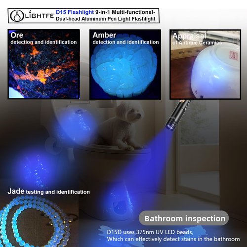 LIGHTFE UVD15 UV Flashlight 365nm Dual Head 6 in 1 Pen Light LED Pointer Light with USB-C Rechargeable, Suitable for UV Gel Curing, Pet Urine Stains, Stains, Mineral Fluorescent Detection, etc