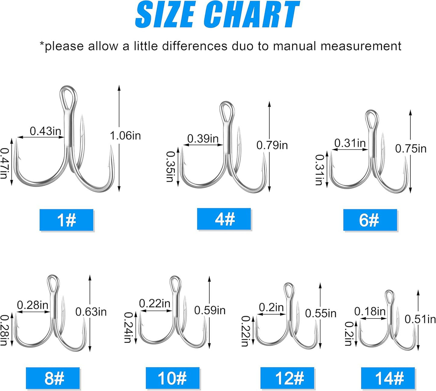 Shaddock Fishing Treble Hooks, Round Bend Short Shank Treble Hooks, High Carbon Steel, Wide Gap for Lures, Baits, Stripe, Trout, Bass, Salmon, Panfish 100/200PCS