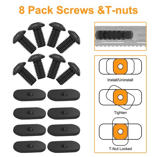 QR-Laser Single Picatinny Accessory Rail Set for Mlok 5 7 9 11 Slots with 8 O-Nuts & Screws, 1 Allen Wrench-Rounded Corner