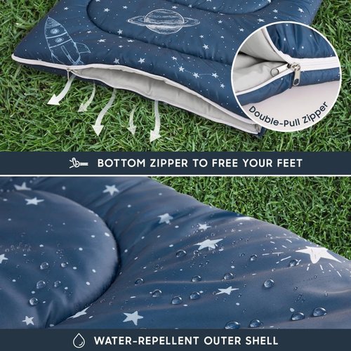 Wake In Cloud - Kids Sleeping Bag for Boys Toddlers, Camping in Warm Cold Weather, Backpacking Lightweight Compact Outdoor Liner for 3 Seasons Summer Spring Fall, Space Galaxy Navy