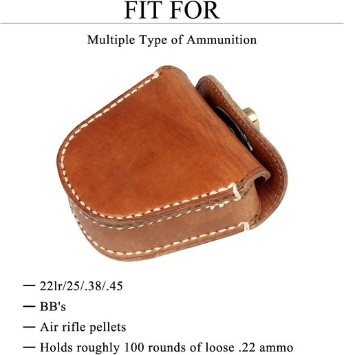 KOSIBATE Ammo Pouch, Genuine Leather Ammo Holder Bag Storage for .22 22LR .38 .45 Hunting Military Belt Gun Ammo Case Brown