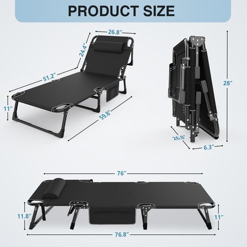 Suteck Camping Cot, 5+2 Positions Adjustable Reclining Folding Camping Cot Sleeping Bed Cots for Adults Outdoor Portable Chaise Lounge Chair W/Carry Bag Pillow Cushion for Home Nap Beach Travel