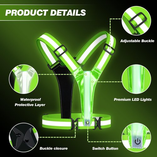 AXsinr LED Reflective Vest Running Gear, Light Up Vest for Night,High Visibility Running Vest for Biking,USB Rechargeable Adjustable Safety Gear, Green