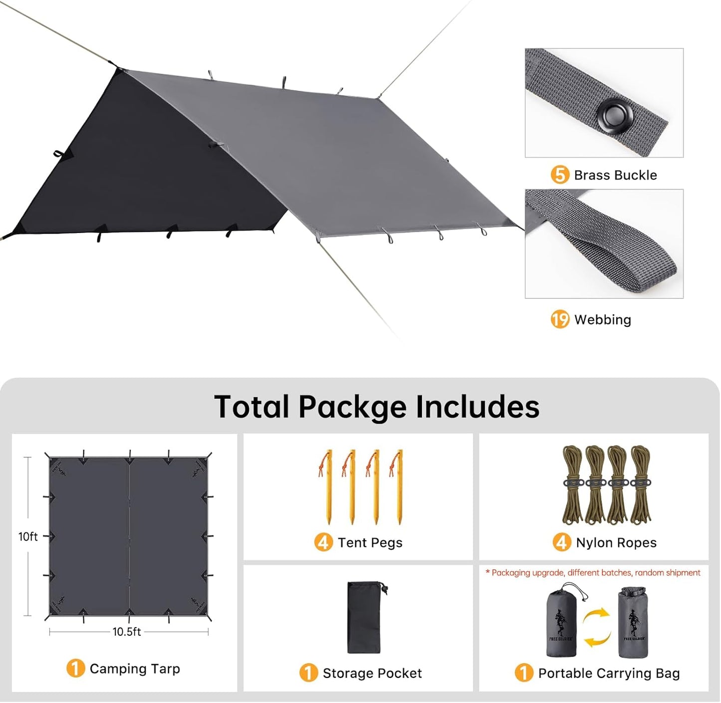 FREE SOLDIER Waterproof Portable Tarp Multifunctional Outdoor Camping Traveling Awning Backpacking Tarp Shelter Rain (Brown 10×10.5ft)