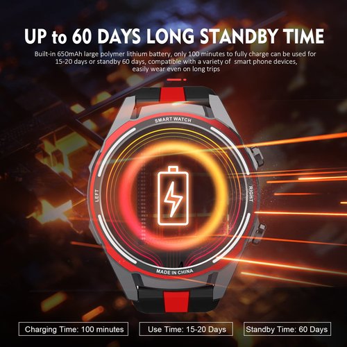 W@nyou 1.6 Inch Large Screen Smartwatch, 60 Days Extra Long Standby Large Men Smartwatch (Receive/Dial Calls), Android iOS Fitness Tracker with Heart Rate Sleep Monitor Sport Waterproof (Red)