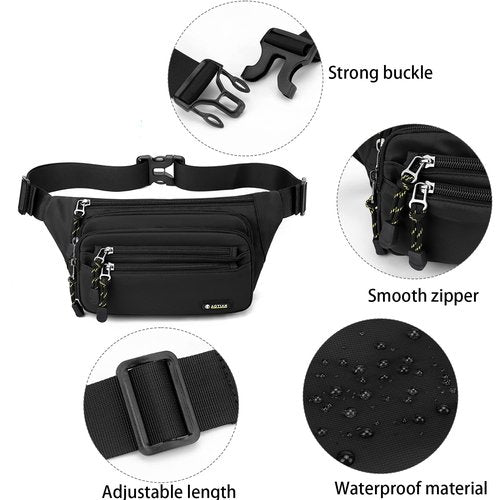 Large Waist Bum Bag Fanny Pack for Outdoor Sport Fashion Waterproof Bag Belt Bag for women men boys Multifunctional Travel Workout Hiking Running Cycling 6 Zipper Pockets (Black)