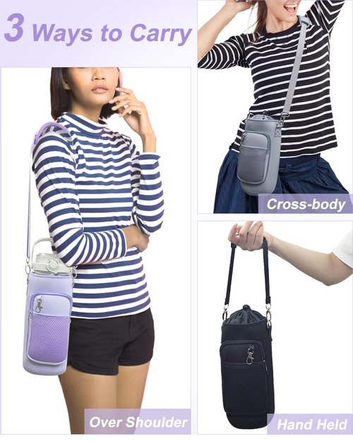 RHDZO Water Bottle Carrier Bag with Strap Insulated Water Bottle Holder with Phone Pocket and Handle 32oz 40oz 50oz Water Bottle Sleeve for Walking Hiking, Purple