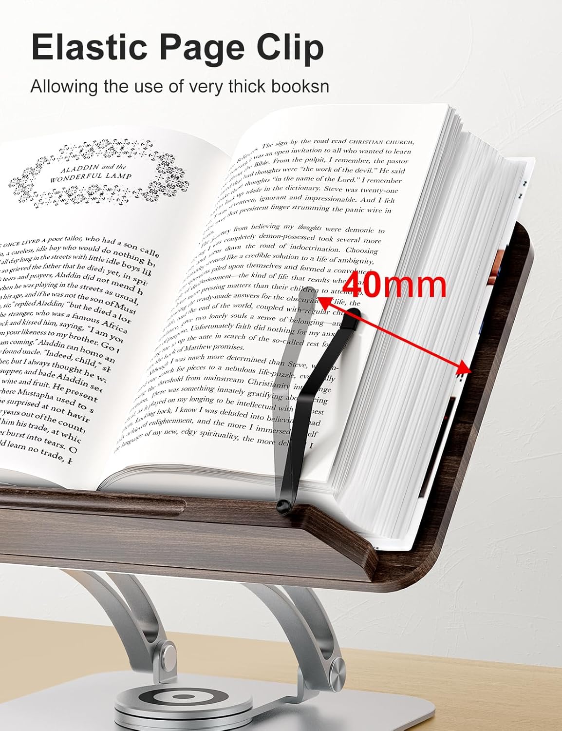 Tounee Book Stand for Reading, Adjustable Book Holder with 360° Swivel Base, Foldable Cookbook Stand Recipe Book Holder with Elastic Page Clips for Music Scores, Recipe, Tablet, Laptop-Gray