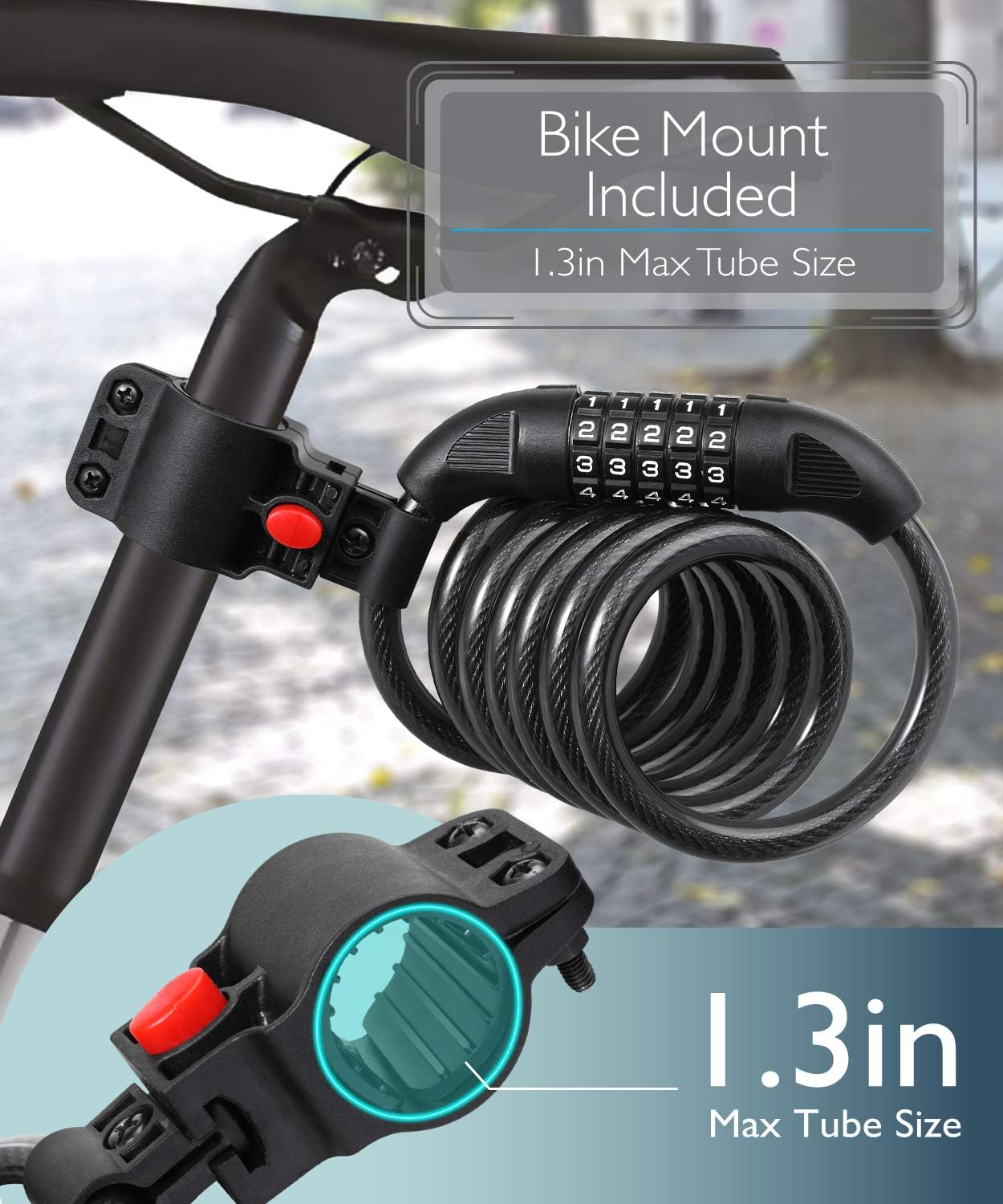Fosmon Bike Lock Cable (6 Feet), Heavy Duty 5-Digit Self Coiling Resettable Combination Code, Bicycle Chain Flexible Steel Security Cable Lock with Bike Mount Holder - Black