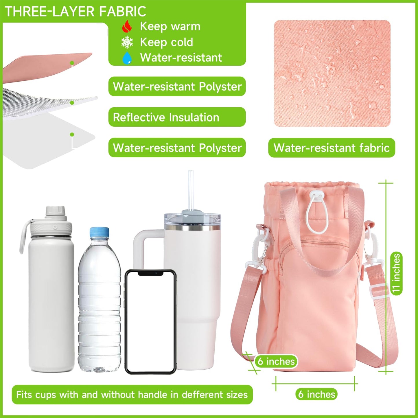 FNOLIA Water bottle sling bag water bottle holder with strap and phone holder stanley 30/40oz yeti tumbler accessories for hiking gym Black