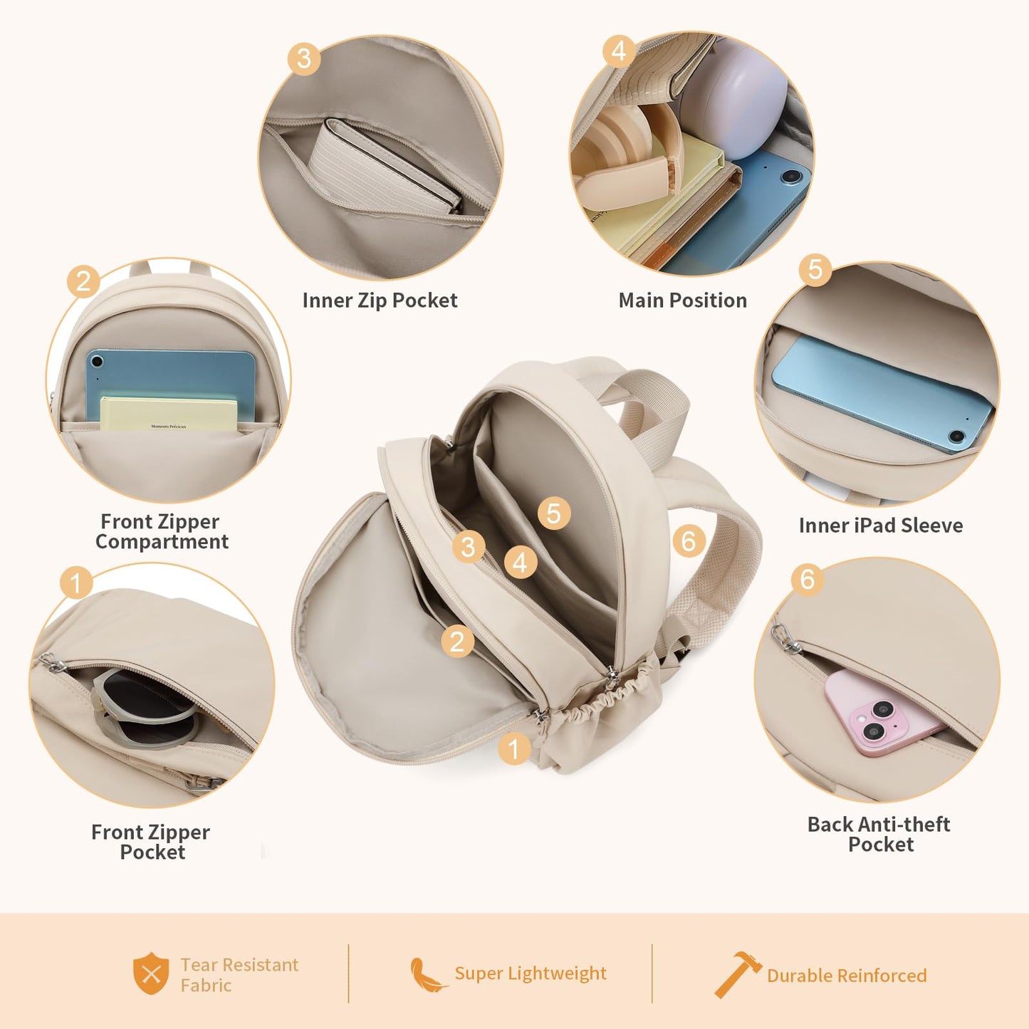 GOLF SUPAGS 10L Mini Backpack Lightweight Nylon Daypack for Women, Small City Pack, Versatile Ladies Backpack for Shopping & Travel, Apricot