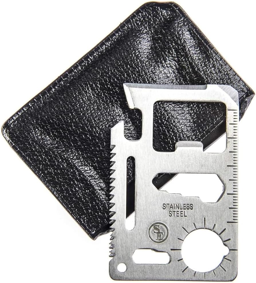 SE 11-Function Stainless Steel Survival Pocket Tool - Compact, Credit Card-Sized Multi-Tool with Leatherette Case - Ideal for Camping, Hiking, and Outdoor Activities- MT908-1