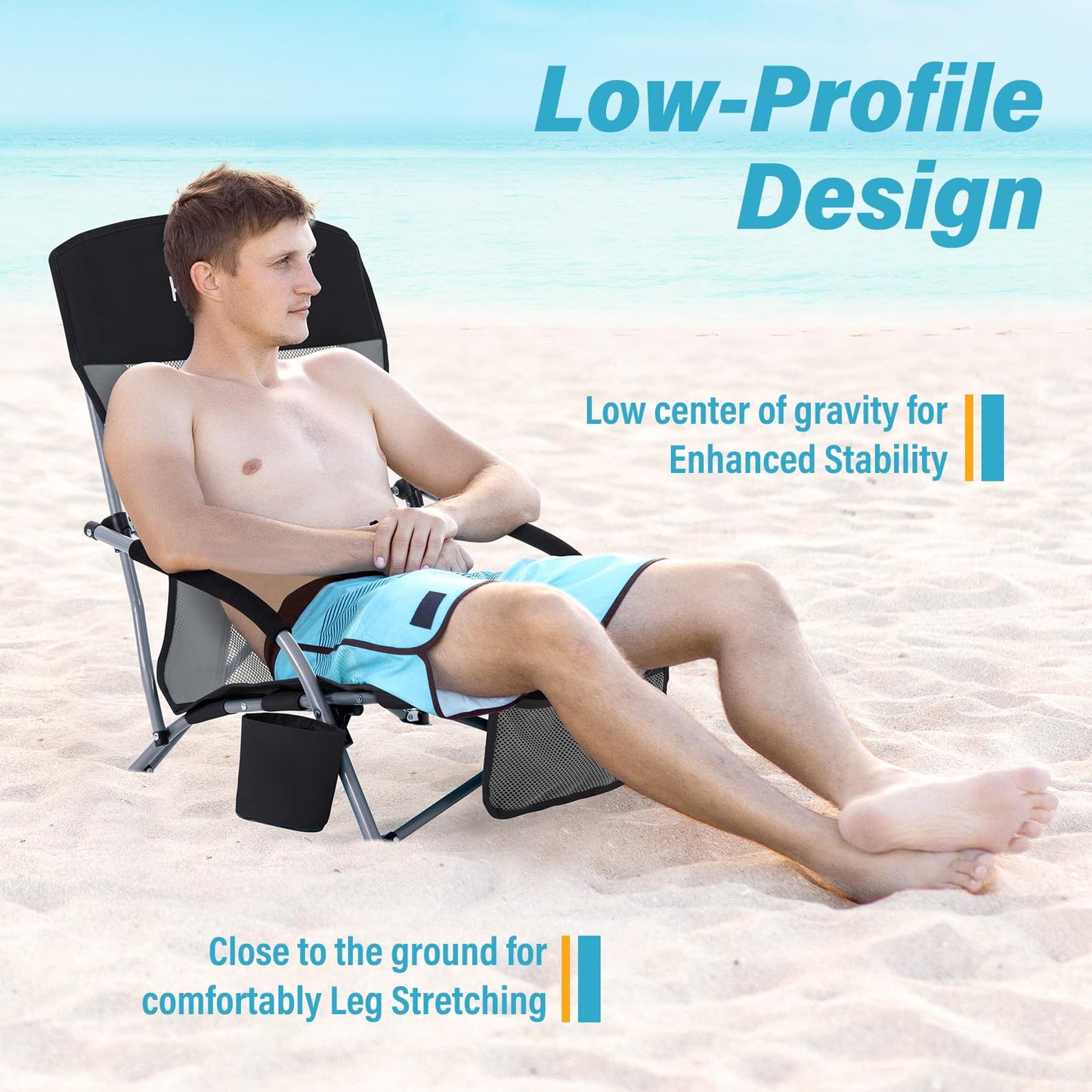 Homcosan Portable Low Folding Beach Chairs Set of 2 - Lightweight Camping Chairs for Adults with Cup Holder & Storage Pockets, Carry Bag Included (Black & Gray)