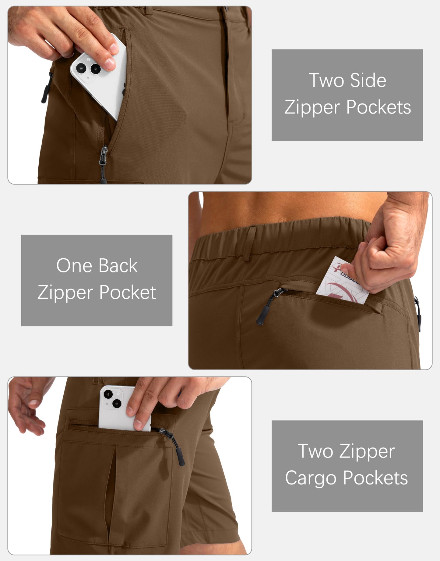 Pudolla Men's Hiking Cargo Shorts 9" Lightweight Outdoor Work Shorts for Men Travel Golf Camping Casual with 5 Zipper Pockets(Brown Small)