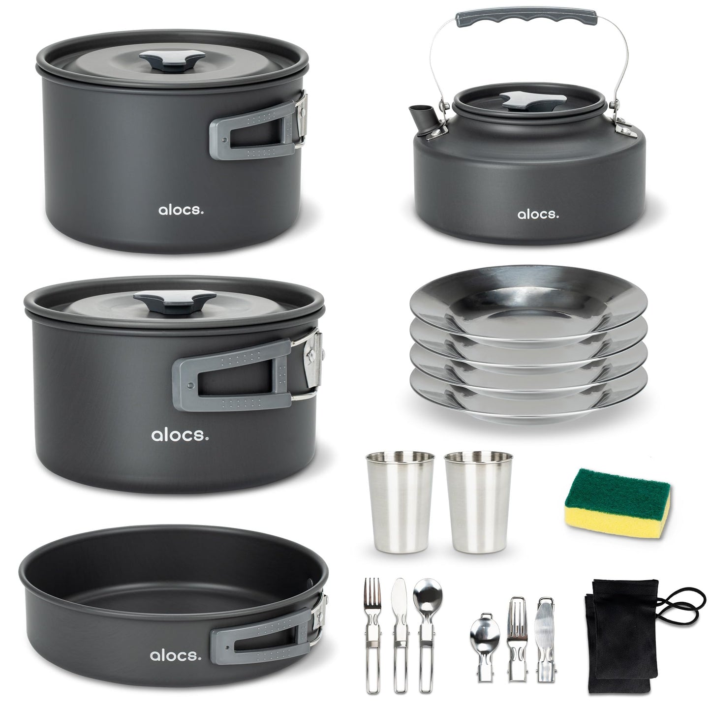 Alocs 17pcs Camping Cookware Set - Lightweight Camping Cookware Mess Kit for 2 - Portable Outdoor Cookware with Kettle - Camping Pots and Pans Set with Stainless Steel Cups Plates Forks Knives Spoons