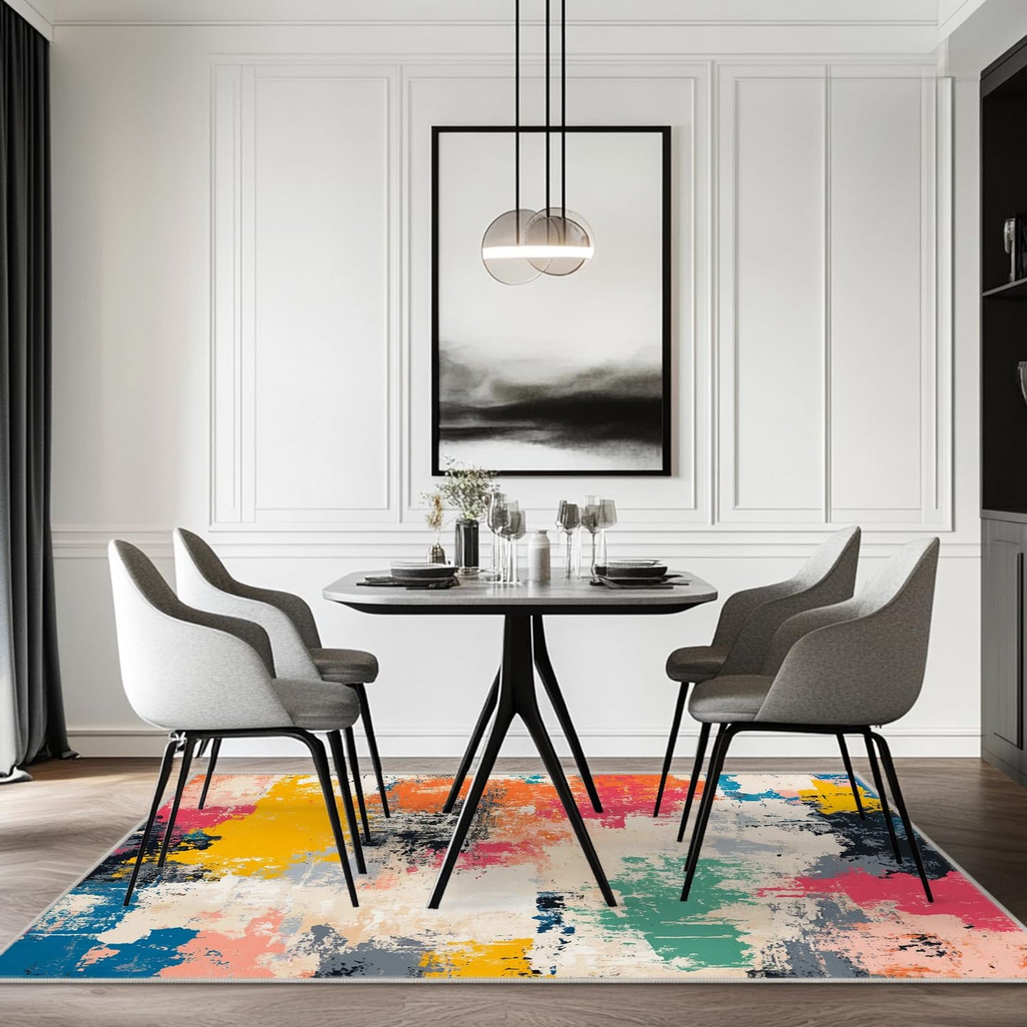 5x7 Colorful Area Rug Modern Abstract Beige Orange Yellow Pink Blue Black White Grey Rug Bedroom Low Pile Thin Large Carpet Living Room Non Slip Dining Room Stain Resistant Office Washable Machine