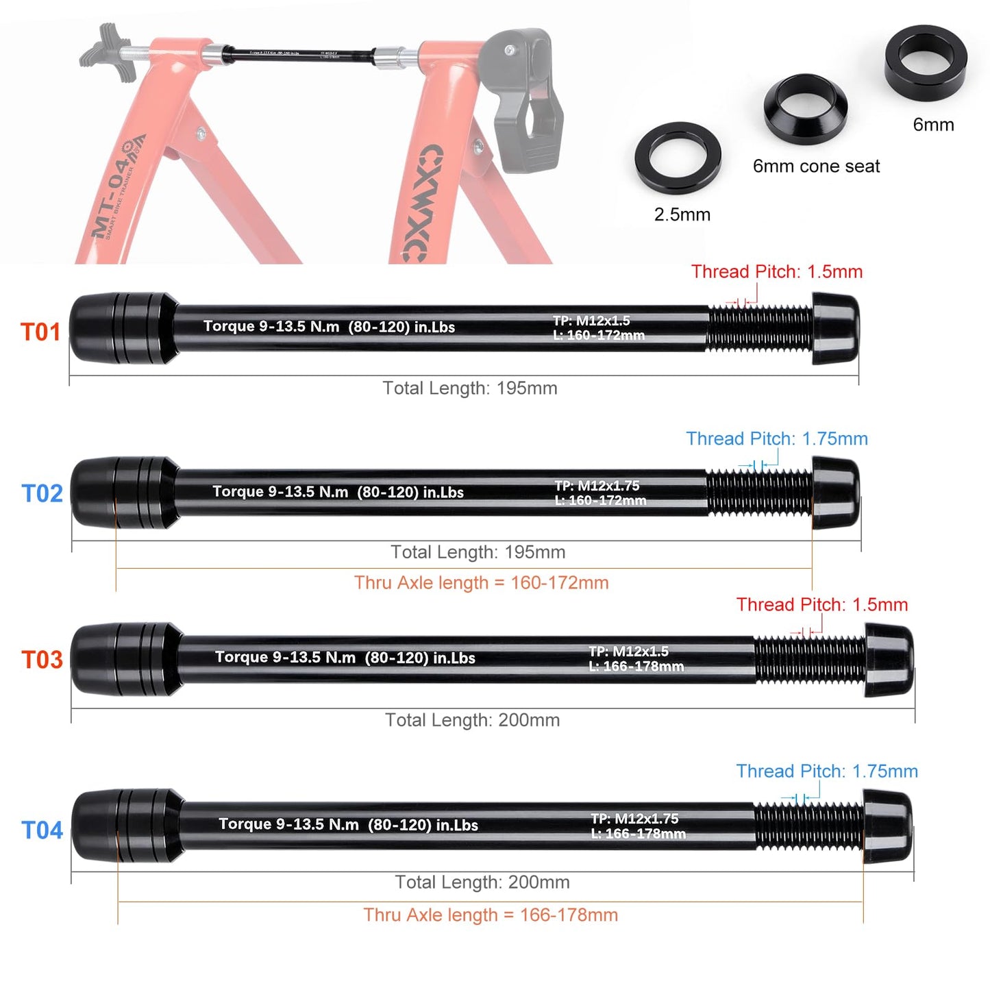 12mm Thru Axles for Bike Trainers - M12 x 1.0/1.5/1.75 Thru Axle Adapter for Rear Wheel Attachment Trainer - Bike Trainer Thru Axles Adapter (M12x1.75/160-172)