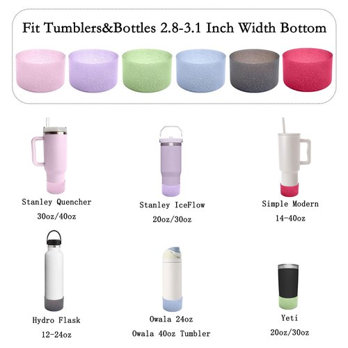 IOXXL 6Pcs Glitter Silicone Cup Boots for Water Bottle Fits Stanley/Owala/Hydro Flask/Simple Modern/Yeti, 2.8-3.1in Width Bottom Protector Cover Sleeve (6 Colors)