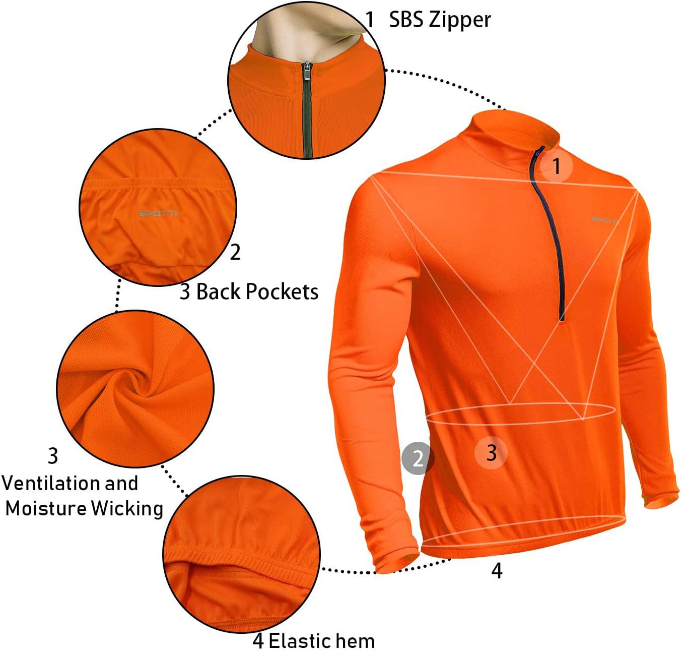 Spotti Men's Cycling Bike Jersey Long Sleeve with 3 Rear Pockets - Moisture Wicking, Breathable, Quick Dry Biking Shirt