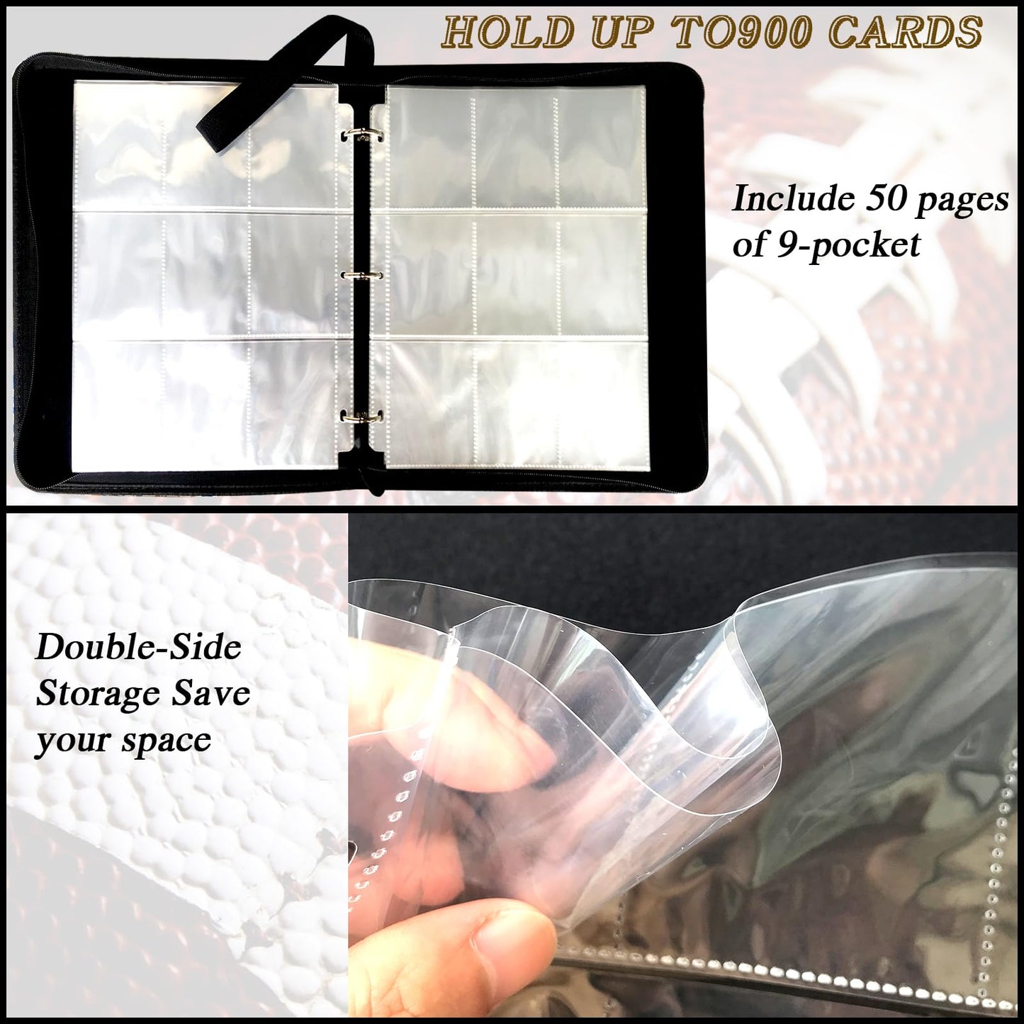 Football Card Binder 900 Pockets, Trading Card Binder Holder with 50 Removable Sleeves Fits 900 Sport Cards, Football Card Gifts Collector Album with Zipper Storage Display Case