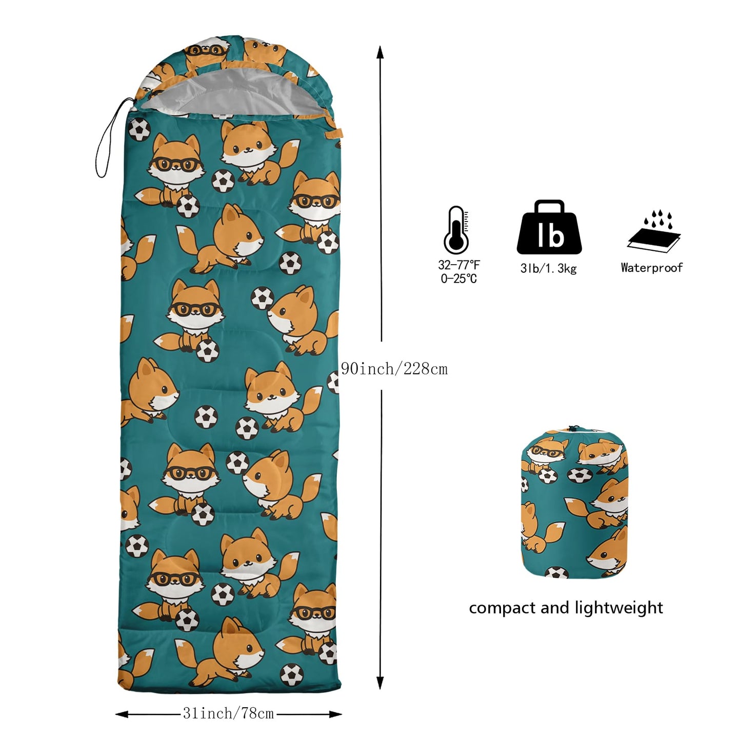 AILONEN Sleeping Bag Fox Print Blue Sleep Bag 3 Season Warm & Cold Weather Boys Girls Travel Camping Outdoor Lightweight & Waterproof Comfortable Sleeping Bag with Compact Carrying Bag