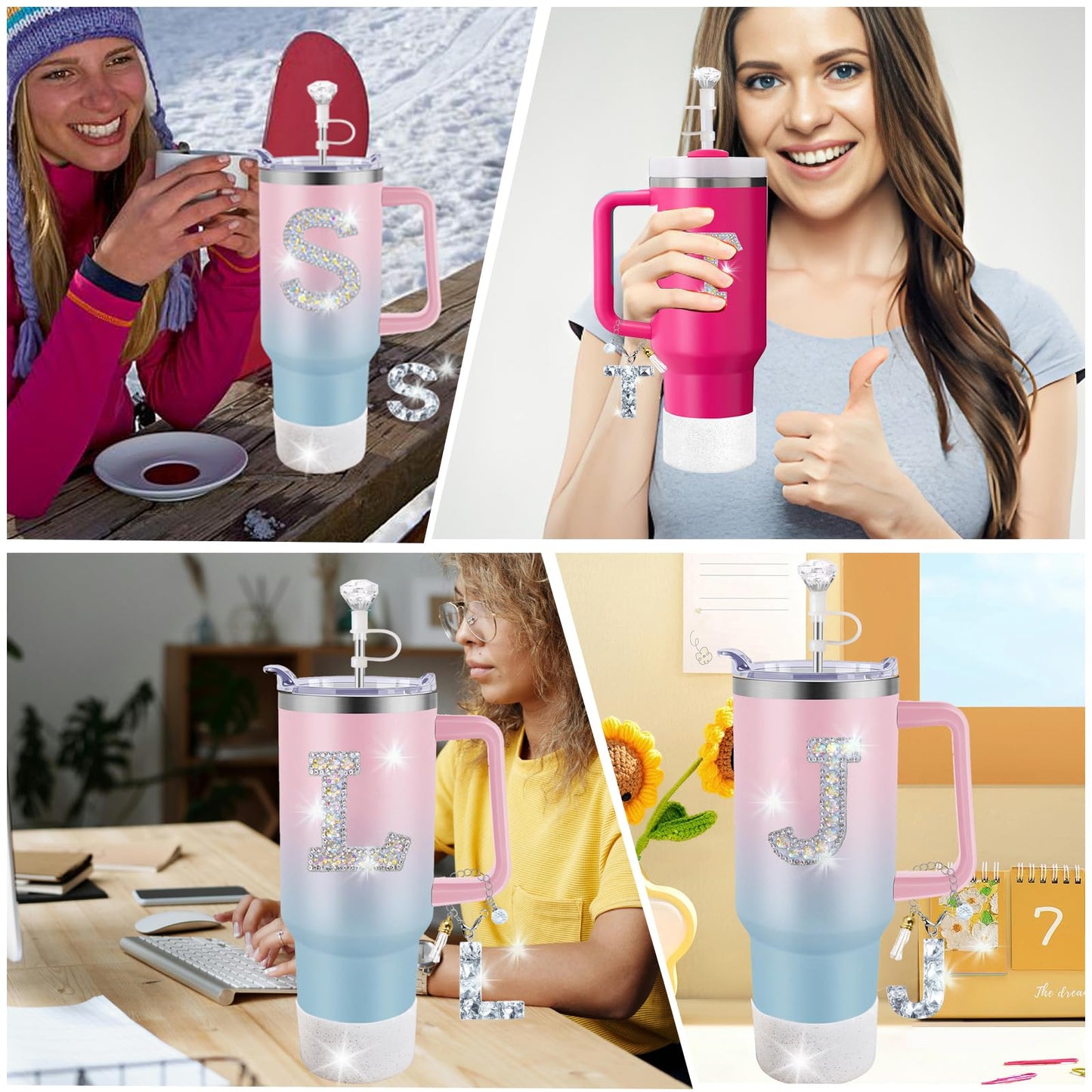 6 PCS Stanley Cup Accessories Set Design for Stanley Cup 30 oz 40 oz, Diamond Straw Cover Topper Cap, Silicone Boot, Spill Proof Stopper, Handle Charm and Initials Sticker Included for Stanley Tumbler