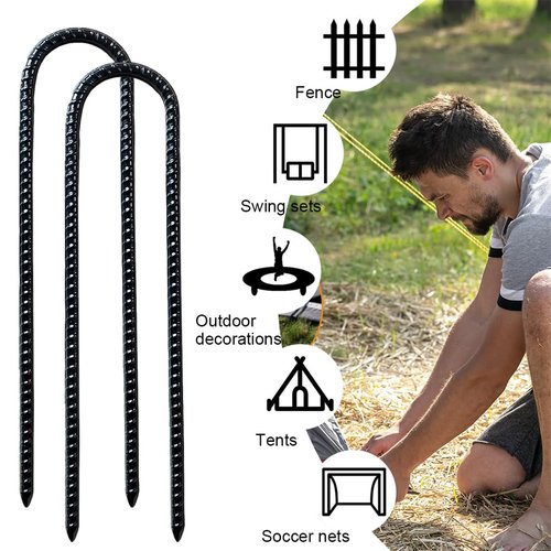 U Shaped Rebar Stakes 12 Inch Heavy Duty Ground Anchors Metal Stake Trampoline Wind Stakes for Camping Tent Security 4 Pack