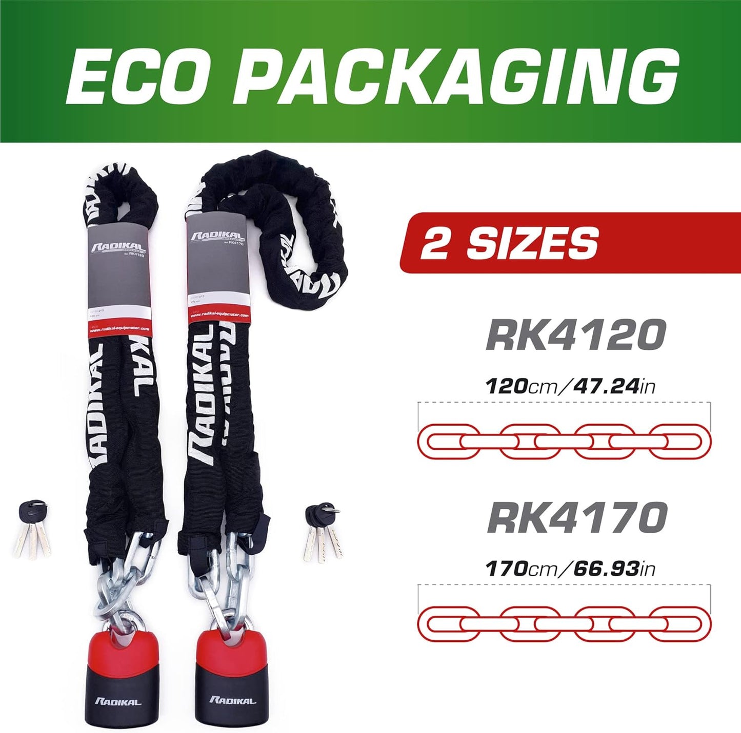 RADIKAL RK4120 Motorcycle Chain Lock Cemented Steel, ø0.39in, 3.93ft Long, 2X Link System, Anti-Scratch, High Security Padlock for Garage Security Anchor, Scooter, Electric Bicycle, Containers, Gates