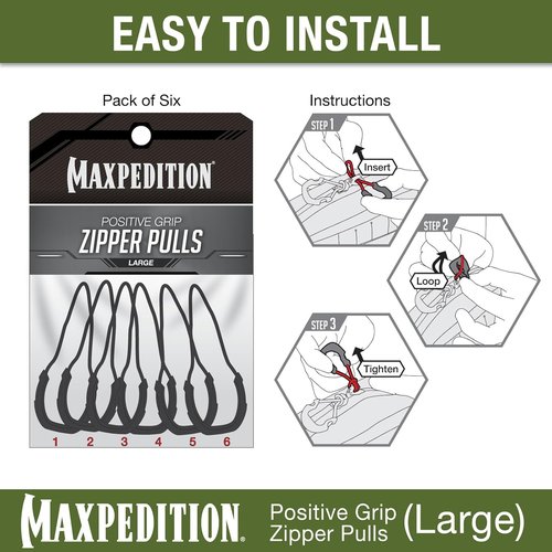 MAXPEDITION Positive Grip Zipper Pulls (Large, Black) Pack of 6, Zipper Pull Replacement for Tactical Backpack, EDC Pouch, Bug Out Bag & Luggage, Sling Pull Tab, PZLBLK