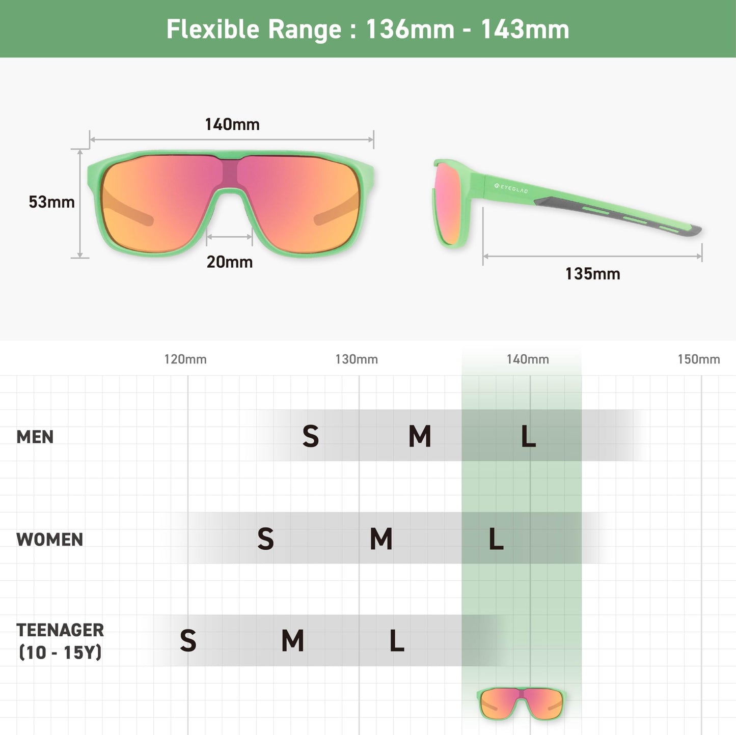 EYEGLAD MARS One-Piece Lifestyle Outdoor Polarized sunglasses UV400 Anti-Seawater Women Men Adult Teenager Running Fishing Hiking Sports (Mint Green)