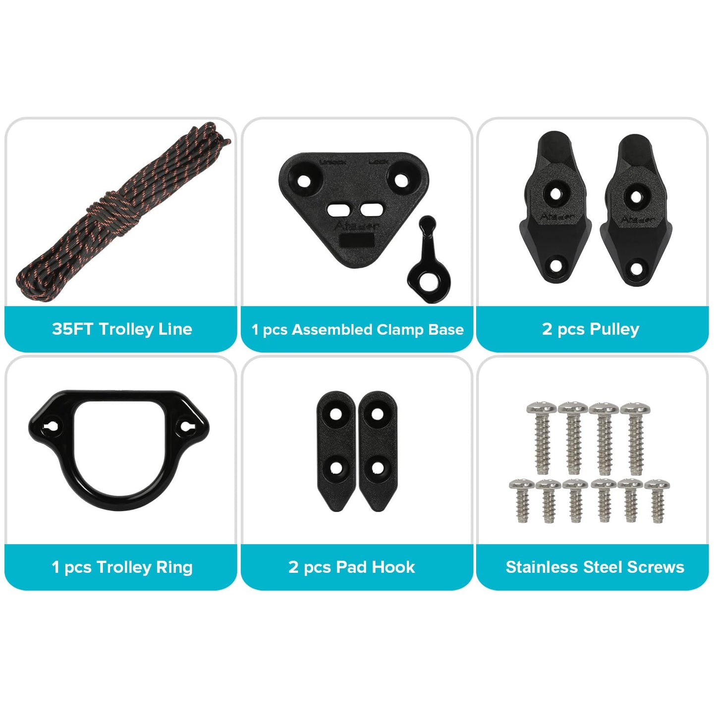 Atader Kayak Anchor Trolley Kit, Standard Anchor Trolley System for Kayak Canoe, Suitable for Freshwater and Saltwater Use, with Stainless Steel Screws