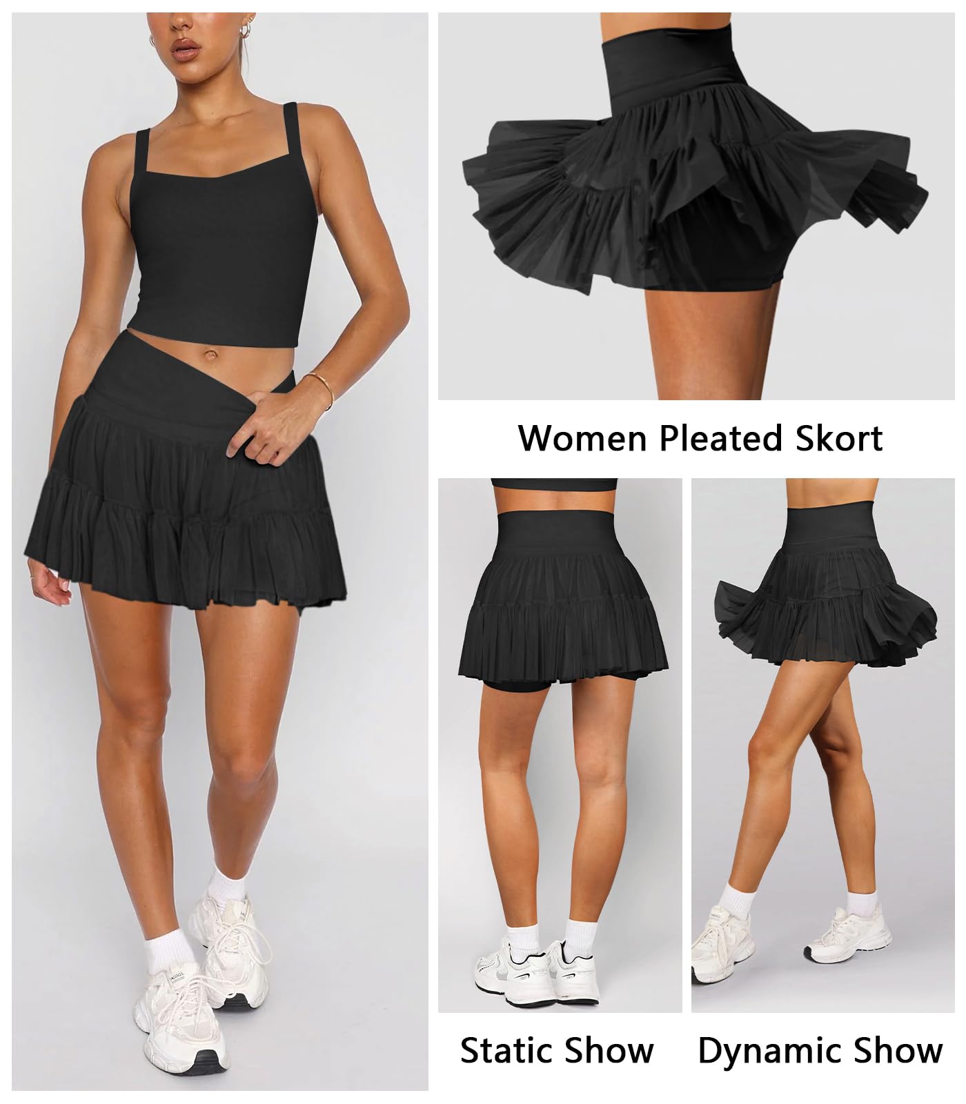 Hragc Women's Mini Black Skirt Skort Flowy Pleated High Waisted Ruffle Medium Tennis Skirts for Women Athletic Skater Golf with Shorts Pockets