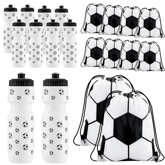 20 Pcs Soccer Party Favors 10 Pcs 13.4 x 16.9 Inch Soccer Drawstring Bags and 10 Pcs 24 oz Soccer Squeeze Water Bottles Football Drawstring Backpack Sport Bottles Plastic for Kids Party Supplies