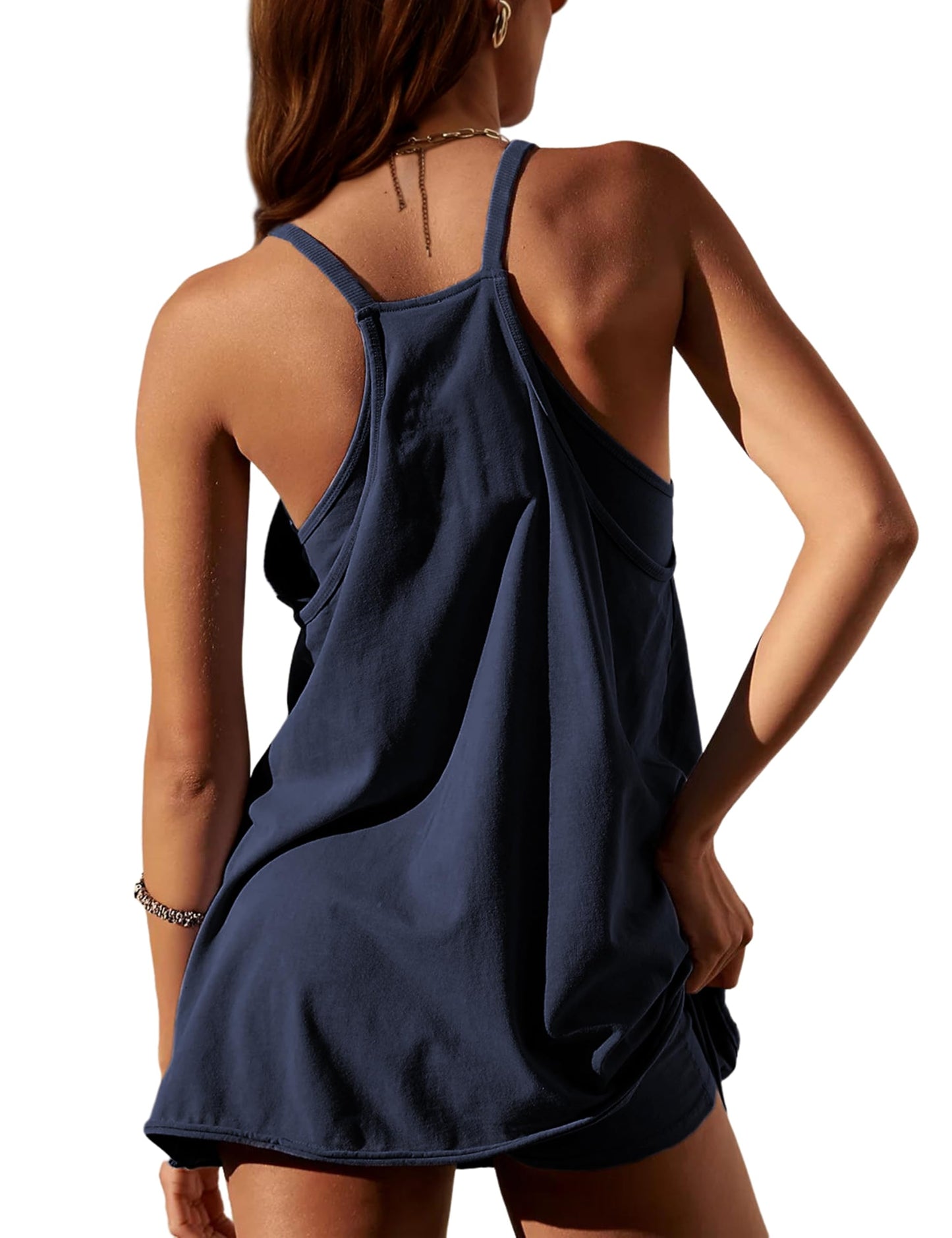 Lentta Womens Athletic Sleeveless Mini Dress with Built-in Shorts V Neck Spaghetti Strap Sundress(DarkBlue-L)