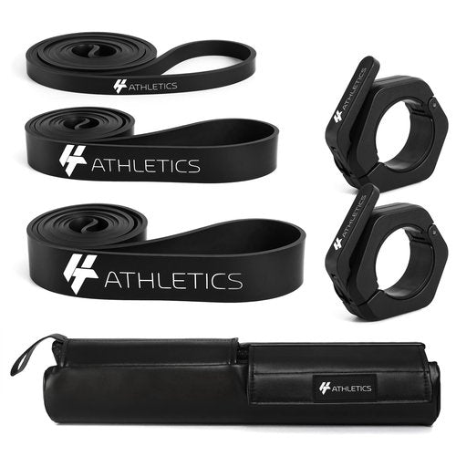 HT Athletics Barbell Bundle: Barbell Pad, Barbell Collars, Power Bands, Bonus 12-Week Program, Barbell Clamps, Barbell Clips, Hip Thrust