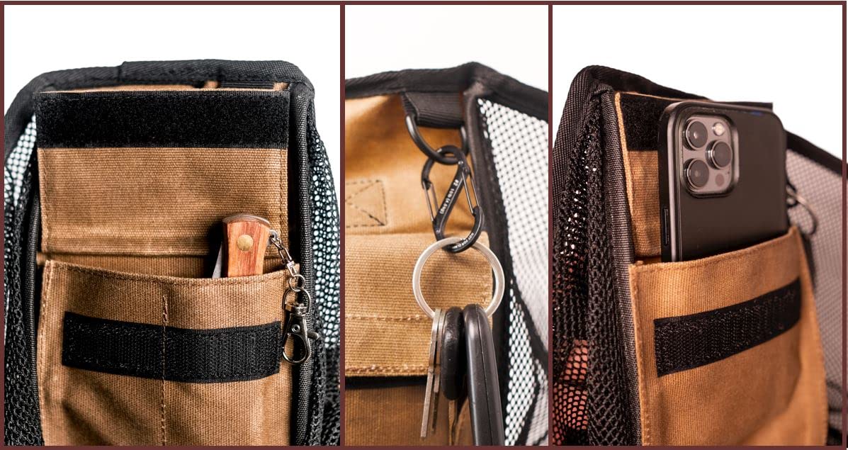 Earth Biome Large Waxed Canvas and Mesh Mushroom Foraging Kit with Pockets | Fruit Picking Bag for harvesting fruit and vegetables | Farmers Market Bag (Carob with Redwood Knife)