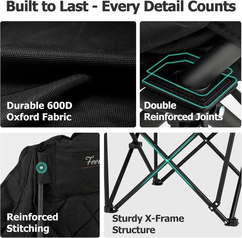 Overmont Oversized XL Camping Chair for Adults - 400lbs Support Heavy-Duty Padded Folding Chair with Side Pocket Cup Holder Cooling Bag for Outdoor Sports Garden Beach Fishing Lawn Black