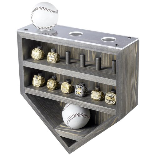 MyGift 12 Peg Wall Mounted Vintage Gray Solid Wood Baseball Diamond Championship Ring and Game Ball Display Case with Premium Clear Acrylic Stands for Baseballs